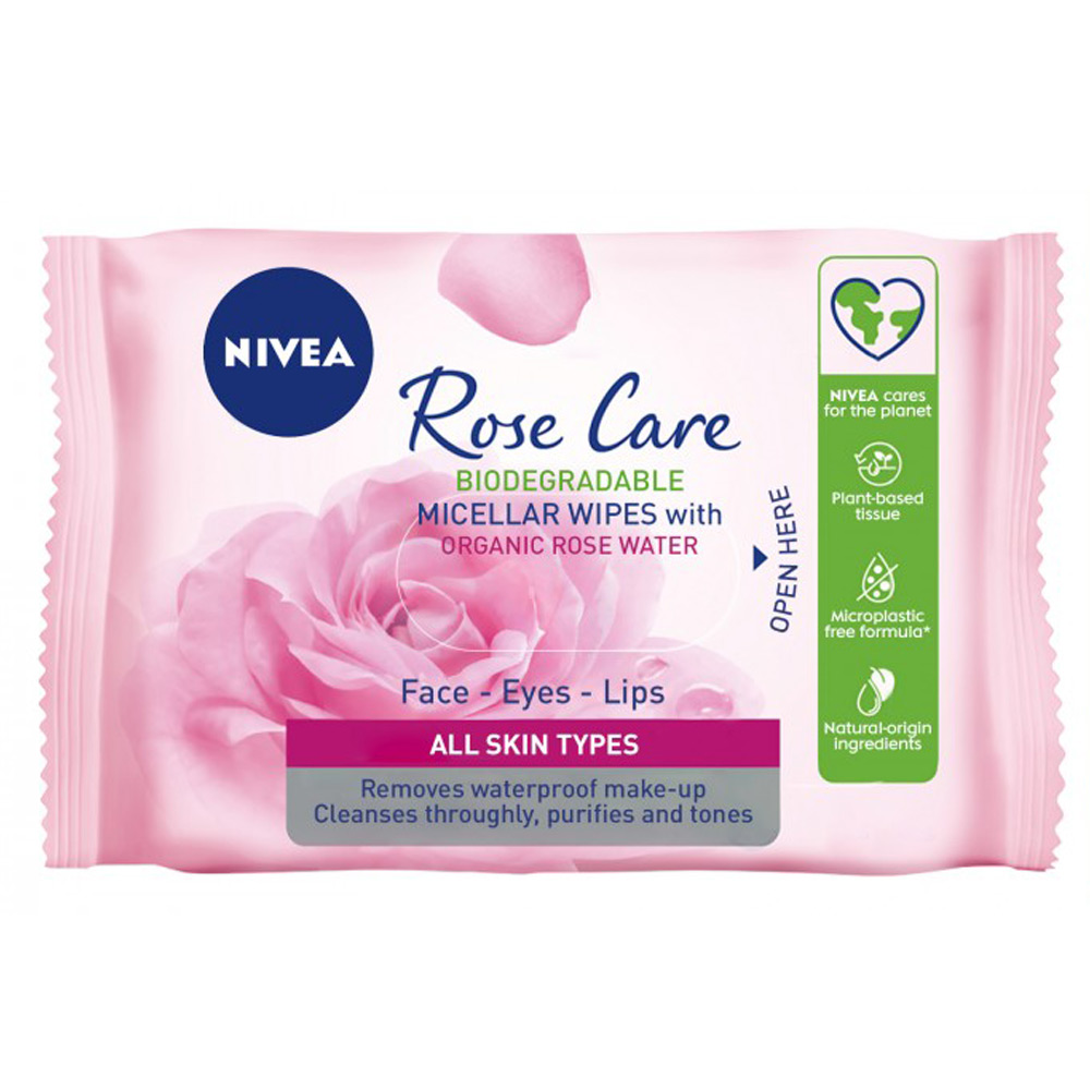 نيفيا، مناديل ميسيلار، ماء الورد، لجميع أنواع البشرة - 25 قطعة