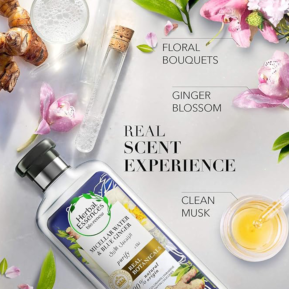 شامبو هيربال هالو بيو رينيو بماء ميسيلار والزنجبيل الأزرق لتنقية الشعر - 400 مل