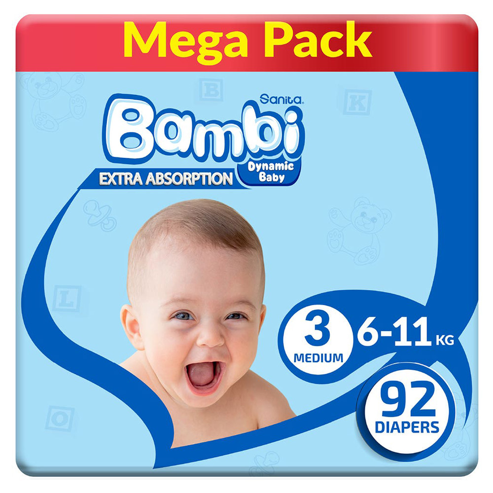بامبي حفاضات (3) عبوة كبيرة  92 حفاضة