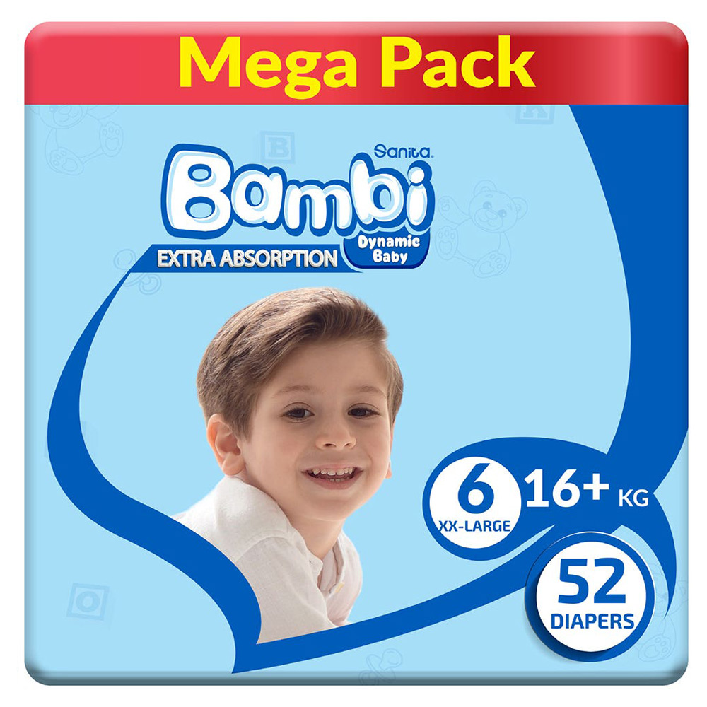 بامبى حفاضات (6) عبوة ميجا 52 حفاضة