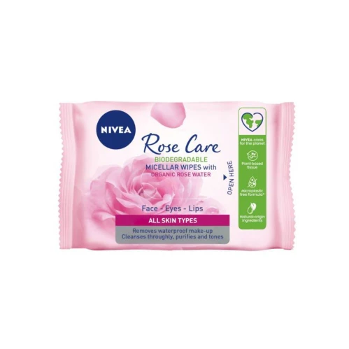 نيفيا، مناديل ميسيلار، ماء الورد، لجميع أنواع البشرة - 25 قطعة