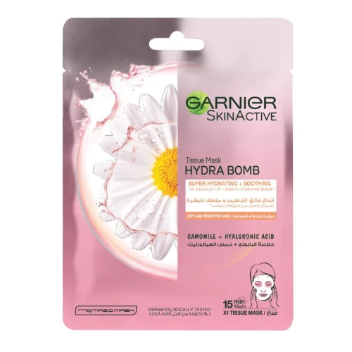 جارنييه قناع هيدرا بومب الورقي المرطب مع خلاصة البابونج للبشرة الجافة والحساسة - 32 جم
